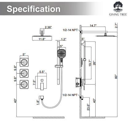 Dimensions of a 3 in 1 shower system with hand shower_ rain shower and body shower