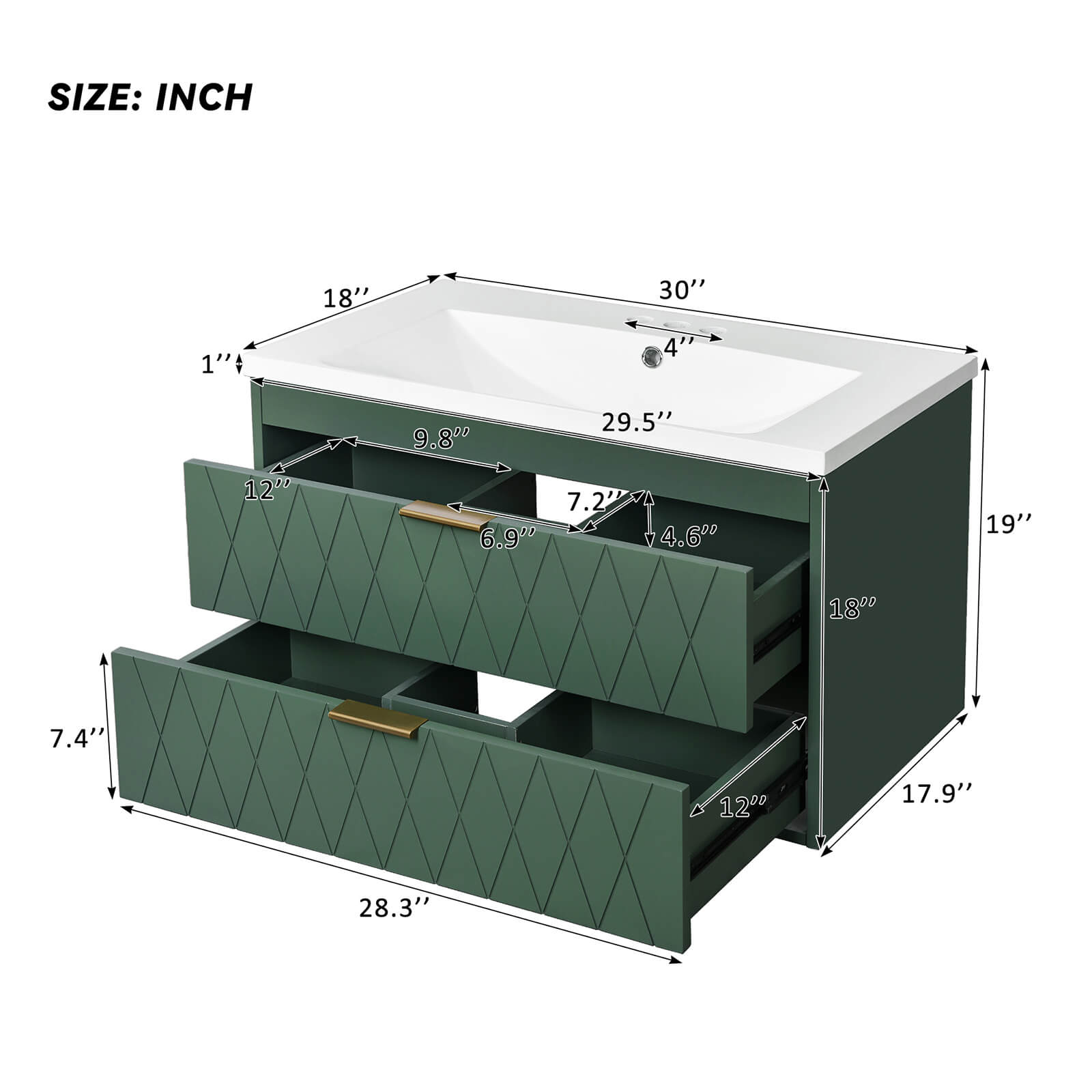 Dimensions of a 30 in green bathroom vanity with gold hardware