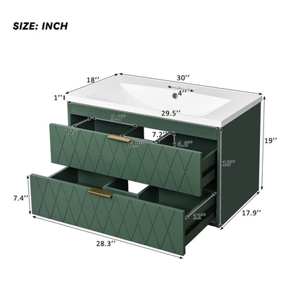 Dimensions of a 30 in green bathroom vanity with gold hardware