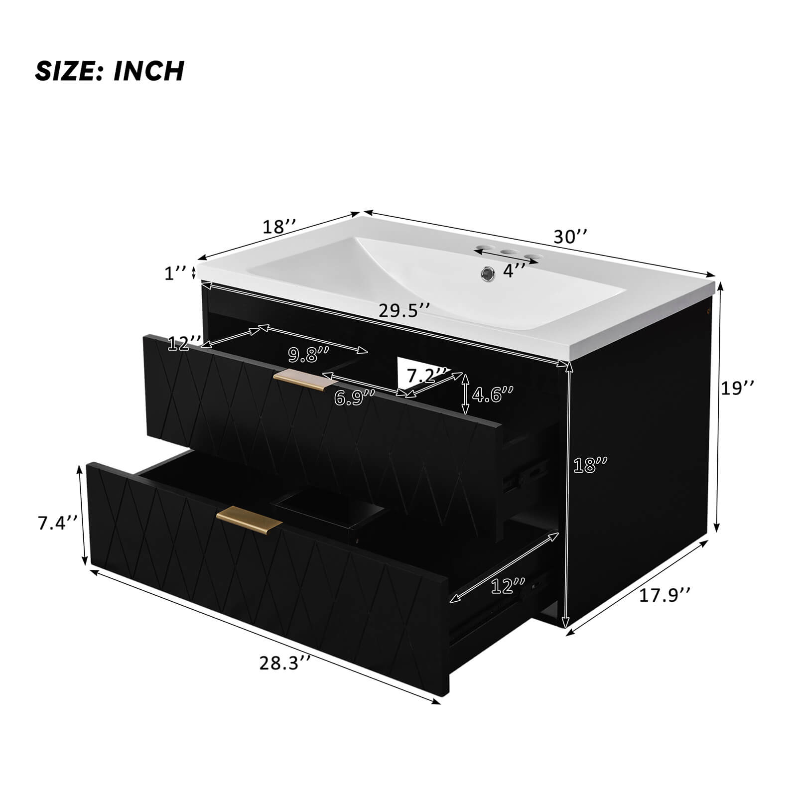 Dimensions of a 30 inch black bathroom vanity with gold hardware