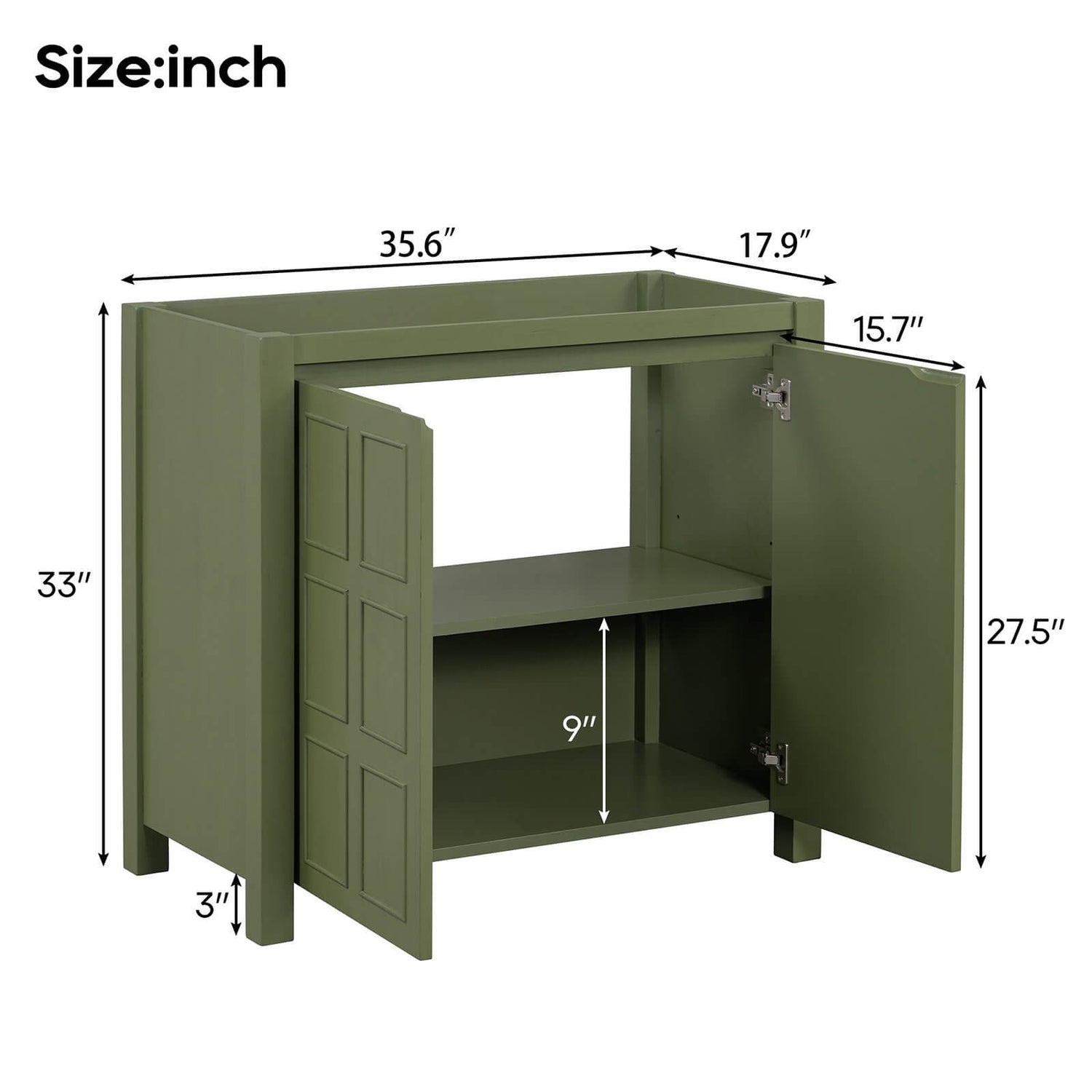 Dimensions of a 36 inch olive green bathroom vanity without sink