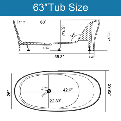 Dimensions of a 63 inch bathtub with back support