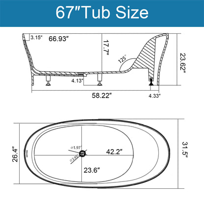 Dimensions of a 67 inch bathtub with back support