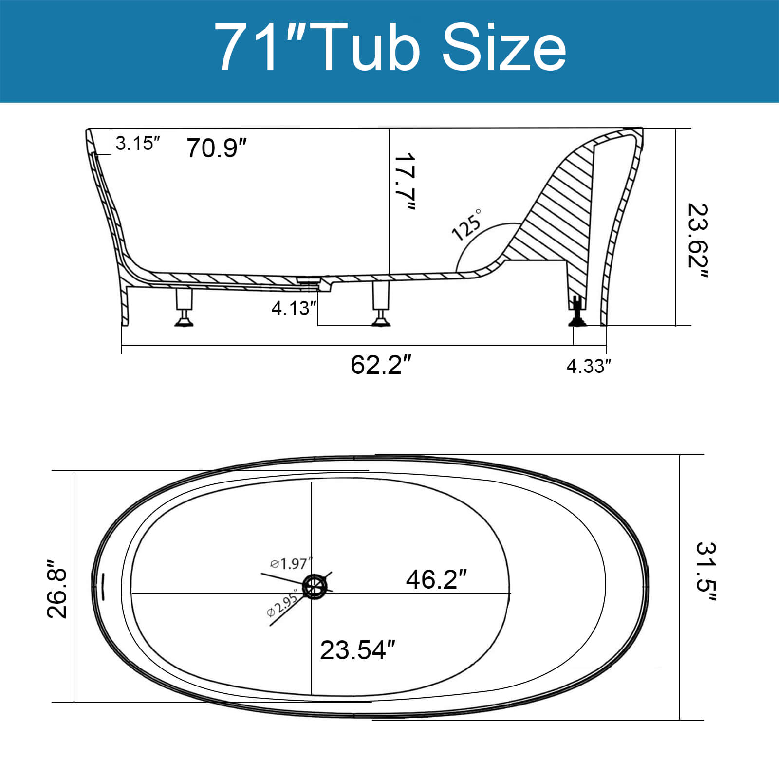 Dimensions of a 71 inch bathtub with back support