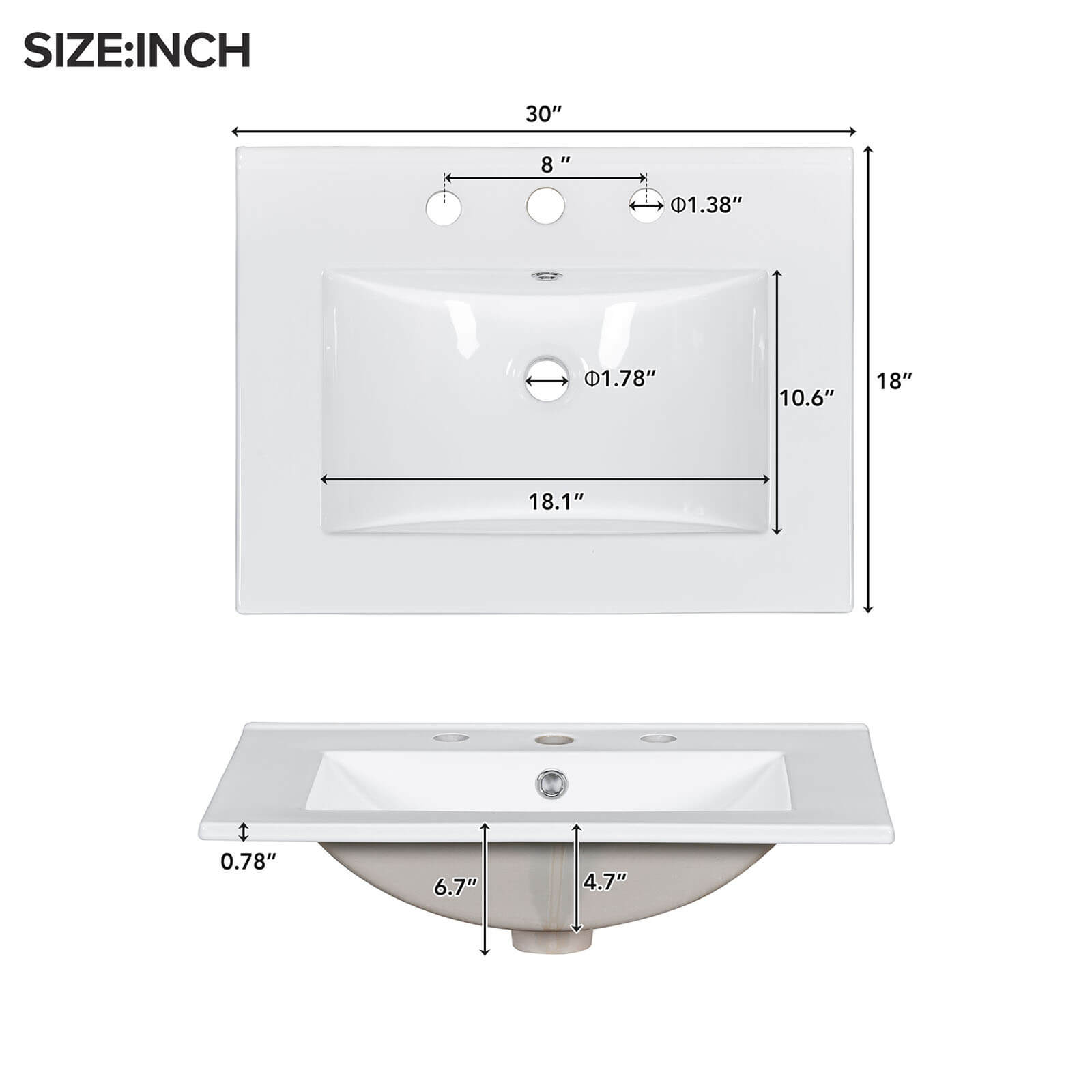 Dimensions of top sink for 30 inch white bathroom vanity with 2 left drawers