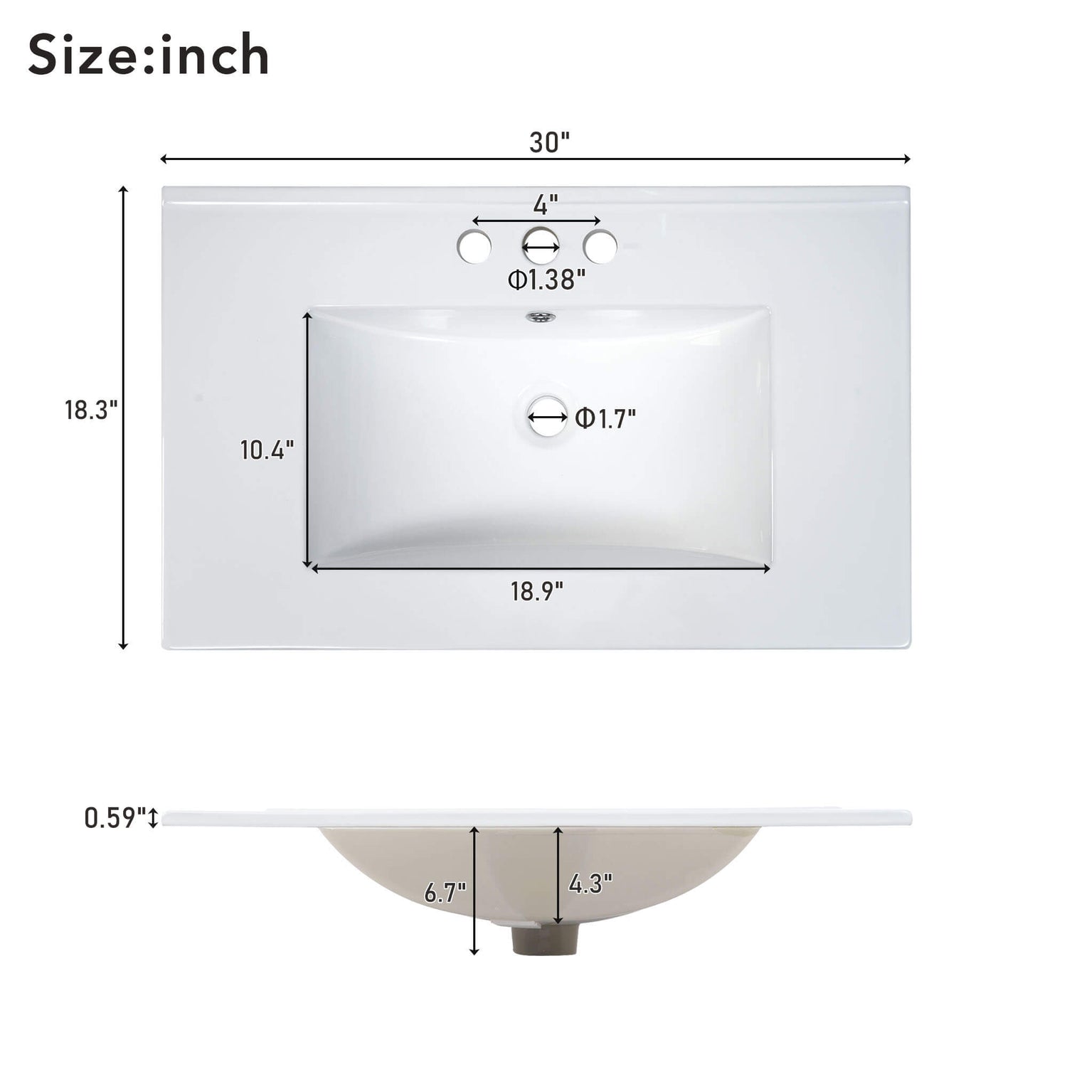 Dimensions and specifications for countertops and sinks for a 30-inch white solid wood bathroom vanity with countertop