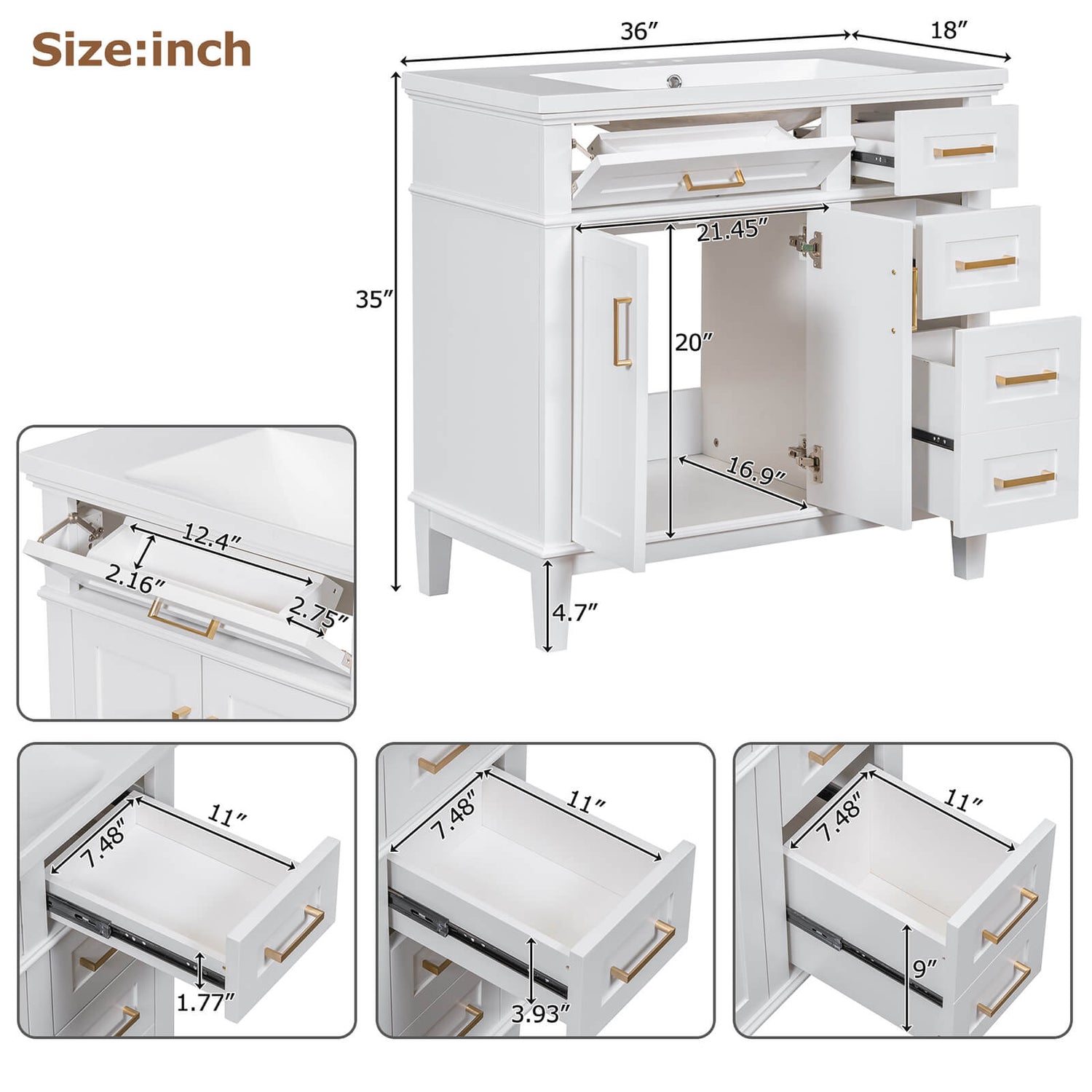 Dimensions and specifications for the back of a 36 inch white solid wood bathroom vanity with resin sink