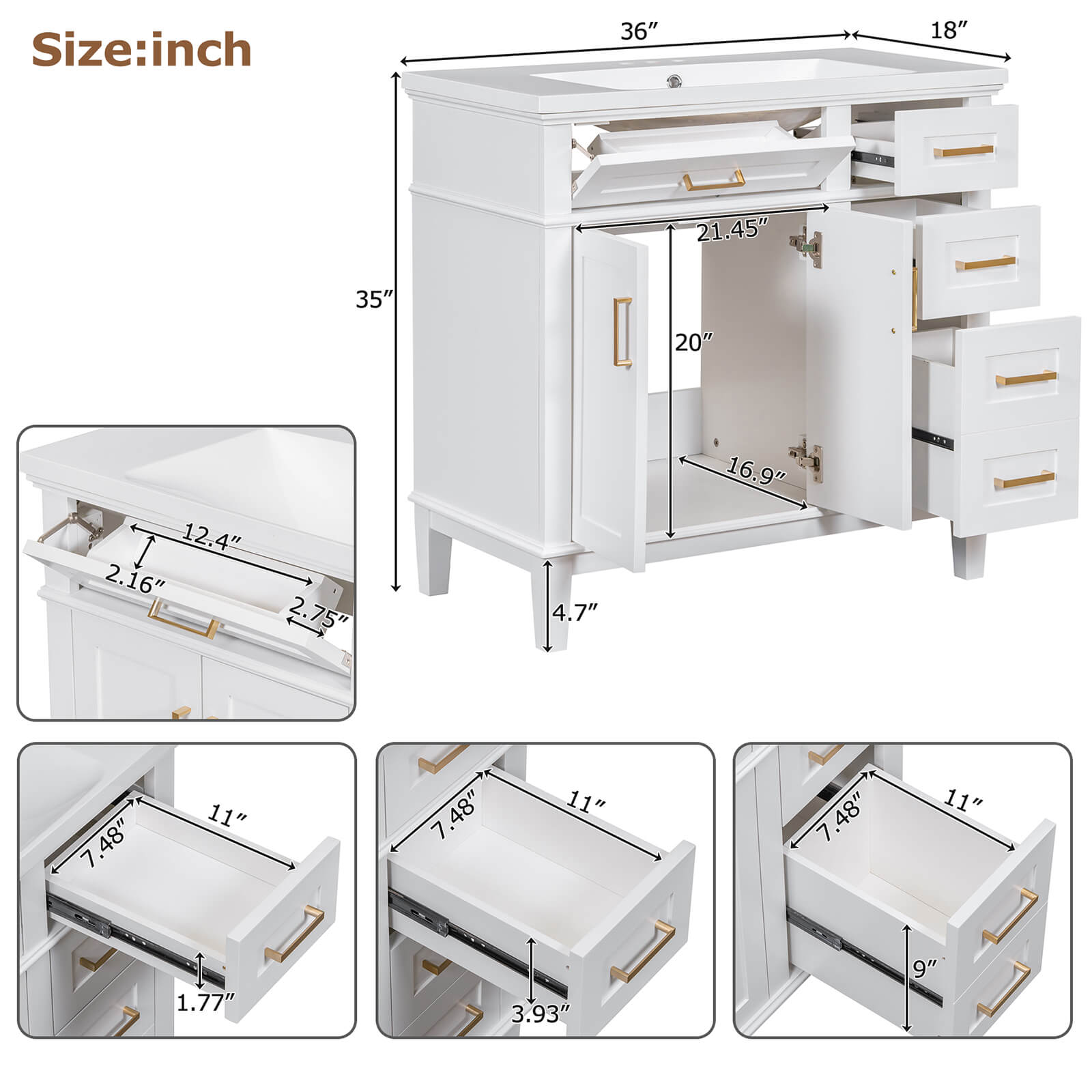 Dimensions and specifications for the back of a 36 inch white solid wood bathroom vanity with resin sink