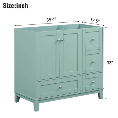 Dimensions diagram for a 36 inch mint green bathroom vanity with built-in USB charging no sink