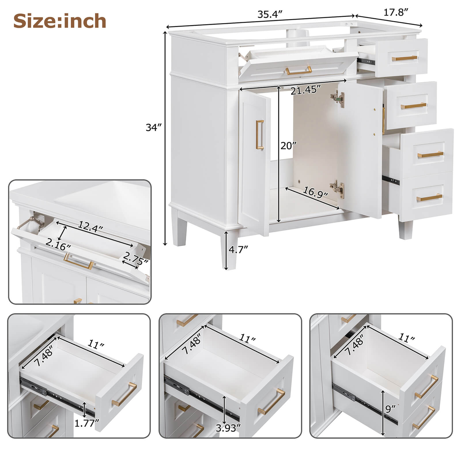 Dimensions of 36-inch white solid wood bathroom vanity without countertop