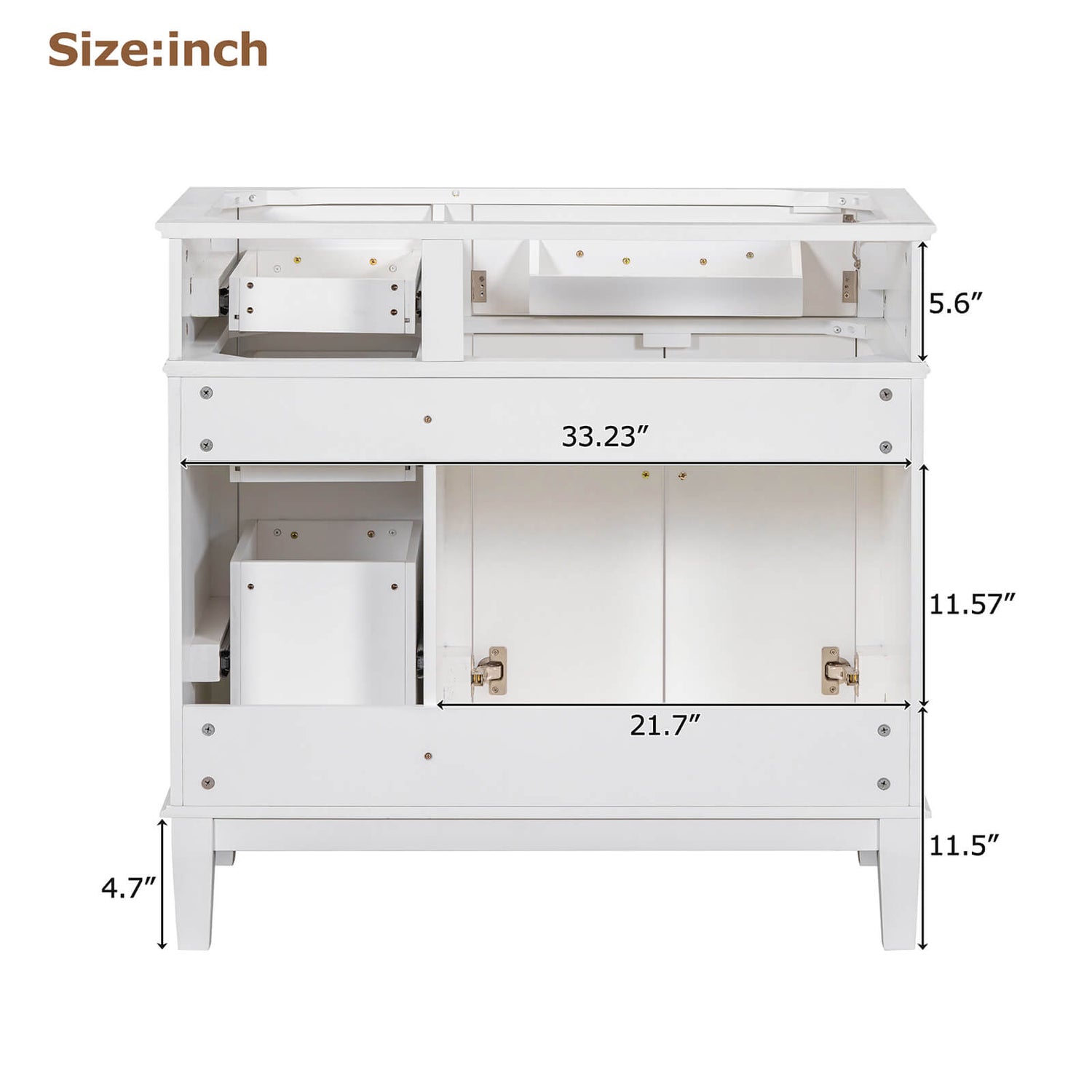 Dimensions of 36 inch white solid wood bathroom vanity back without countertop