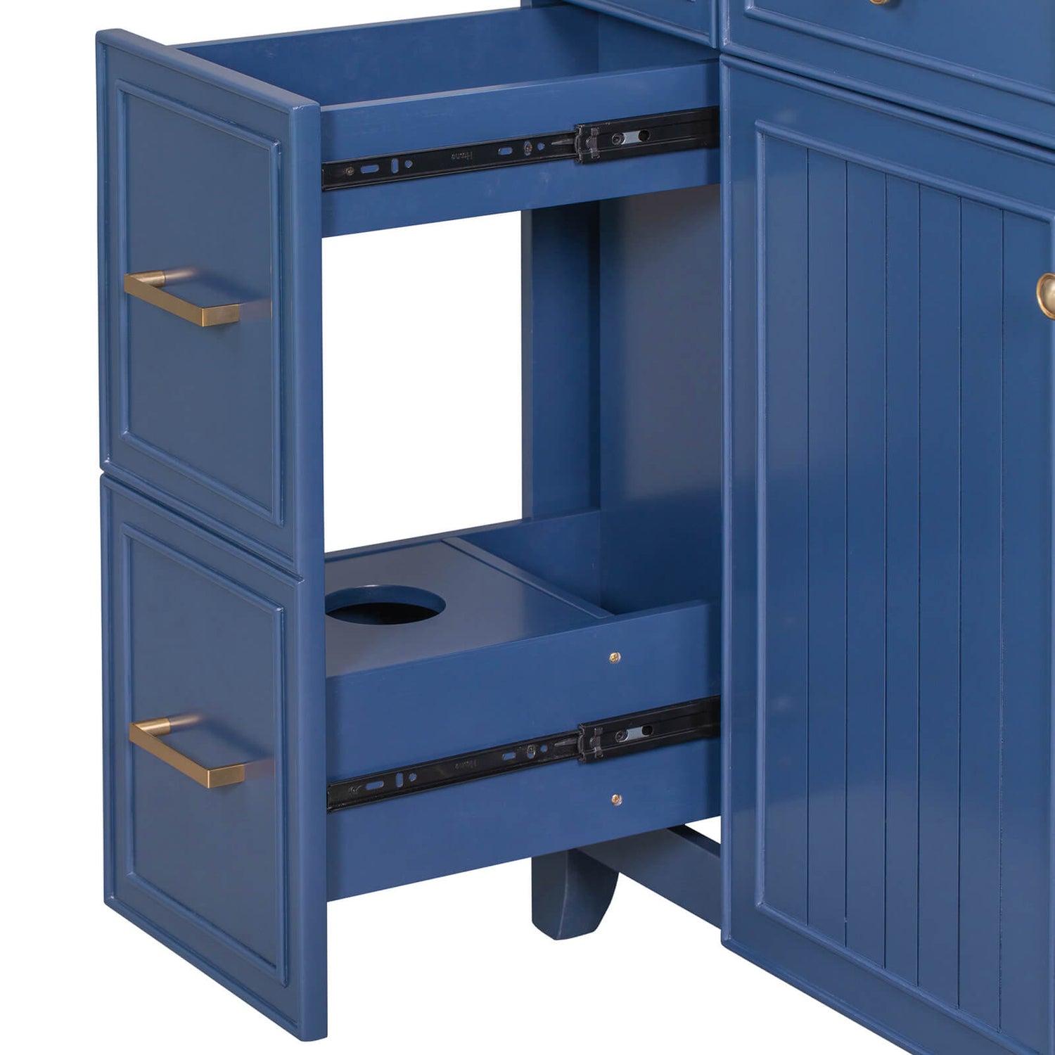 Double drawer detail of the door panel of the 36 inch blue bathroom vanity cabinet with 4 drawers