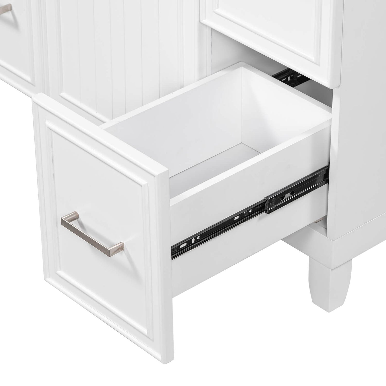 Drawer detail display of 36 inch white bathroom vanity cabinet with 4 drawers