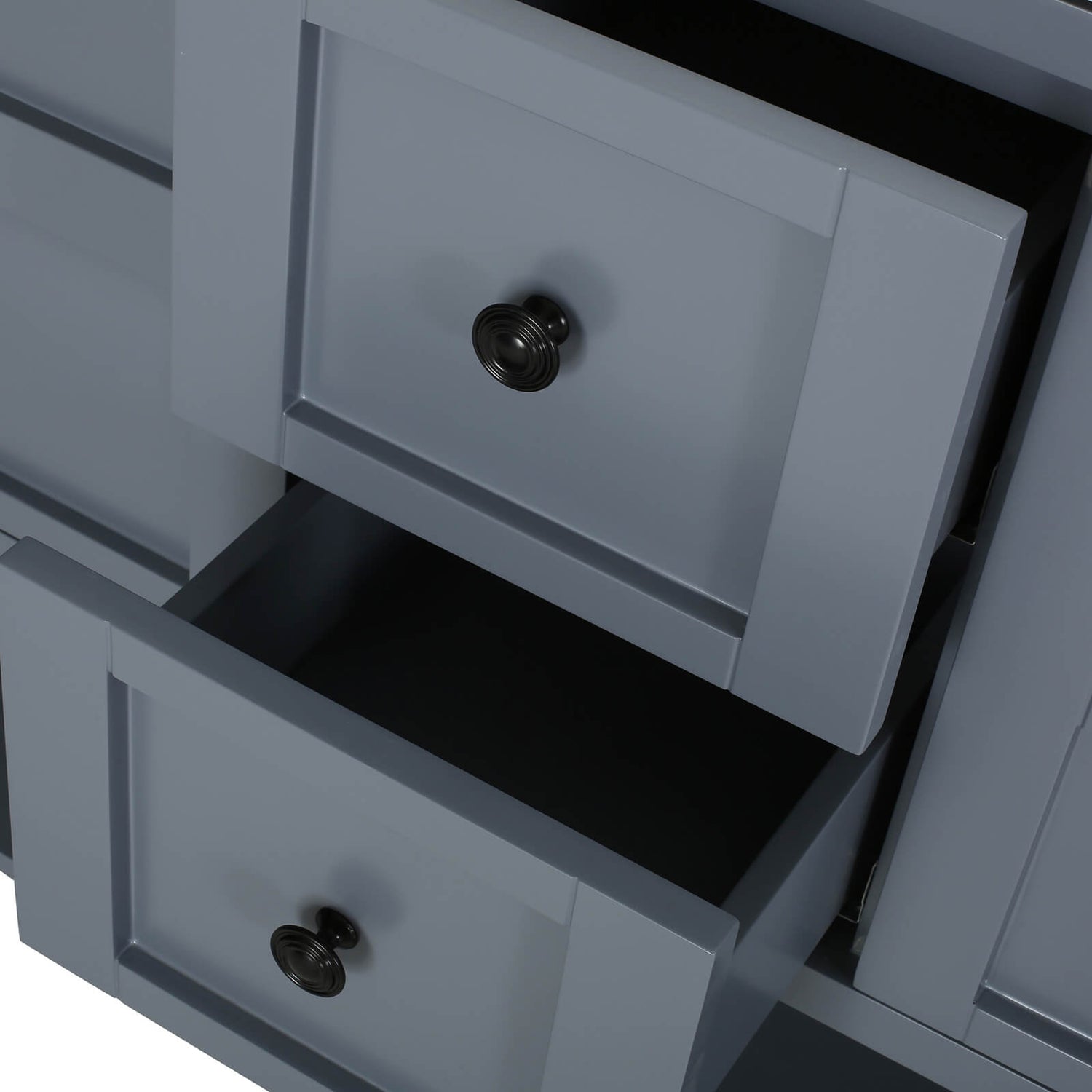 Drawer detail of a 61 blue gray bathroom vanity with marble top and open shelving