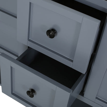 Drawer detail of a 61 blue gray bathroom vanity with marble top and open shelving