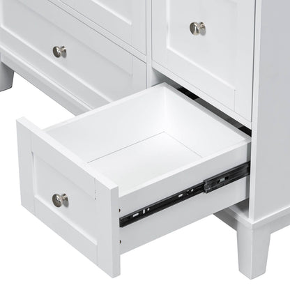 Drawer detail of a 36 inch white bathroom vanity with integrated USB charging