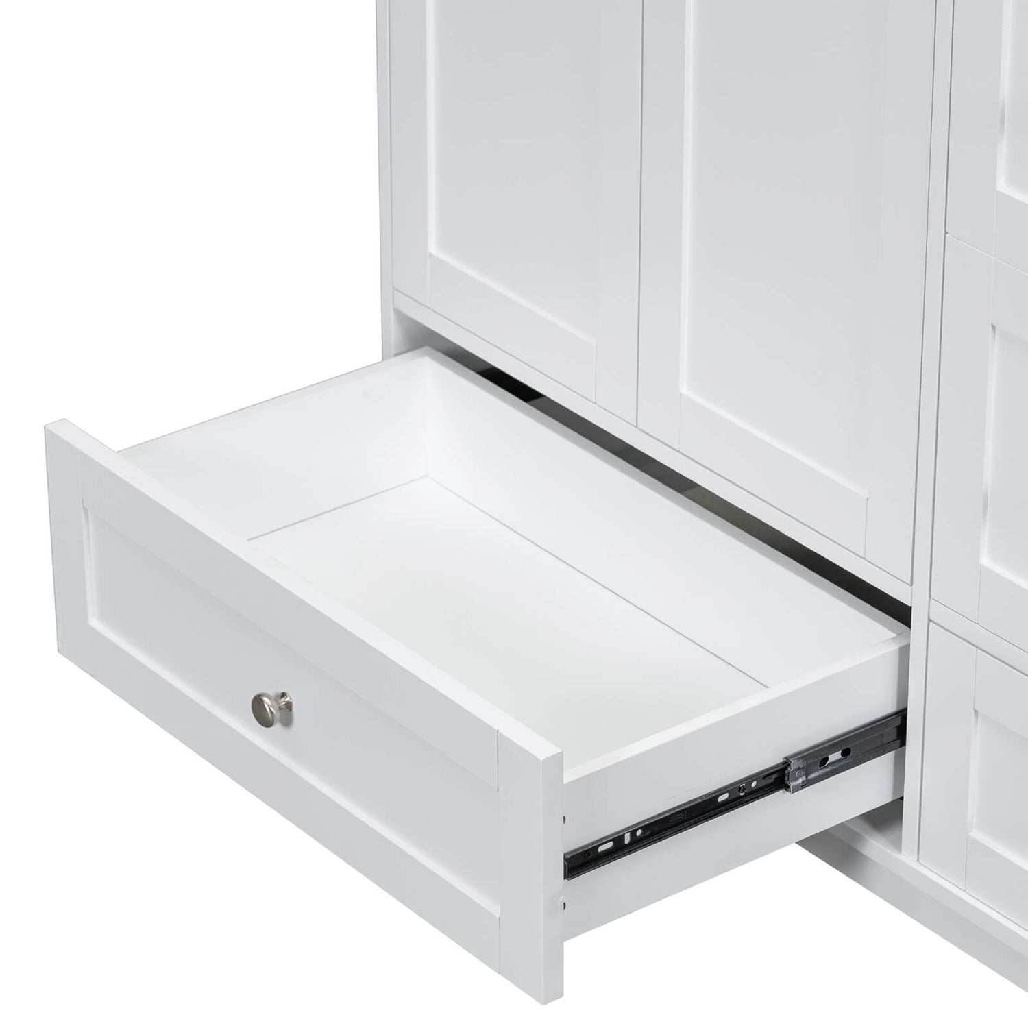 Drawer detail of a 36 inch white bathroom vanity without an overhead sink but with integrated USB charging