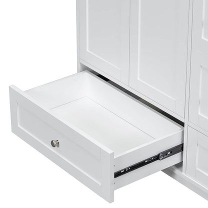 Drawer detail of a 36 inch white bathroom vanity without an overhead sink but with integrated USB charging