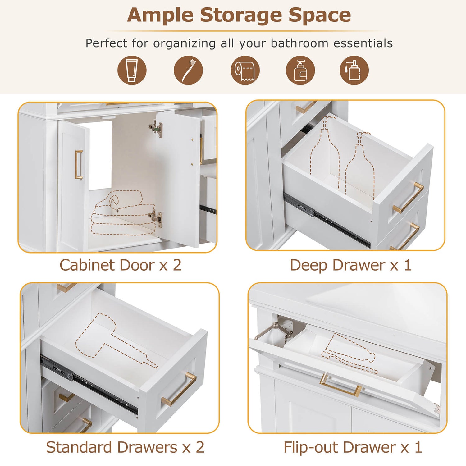 Drawer space diagram for a 36-inch white solid wood bathroom vanity without countertop