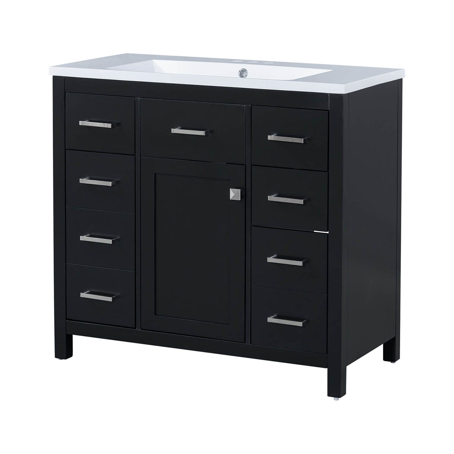 Durable black bathroom vanity with water resistant finish and metal parts