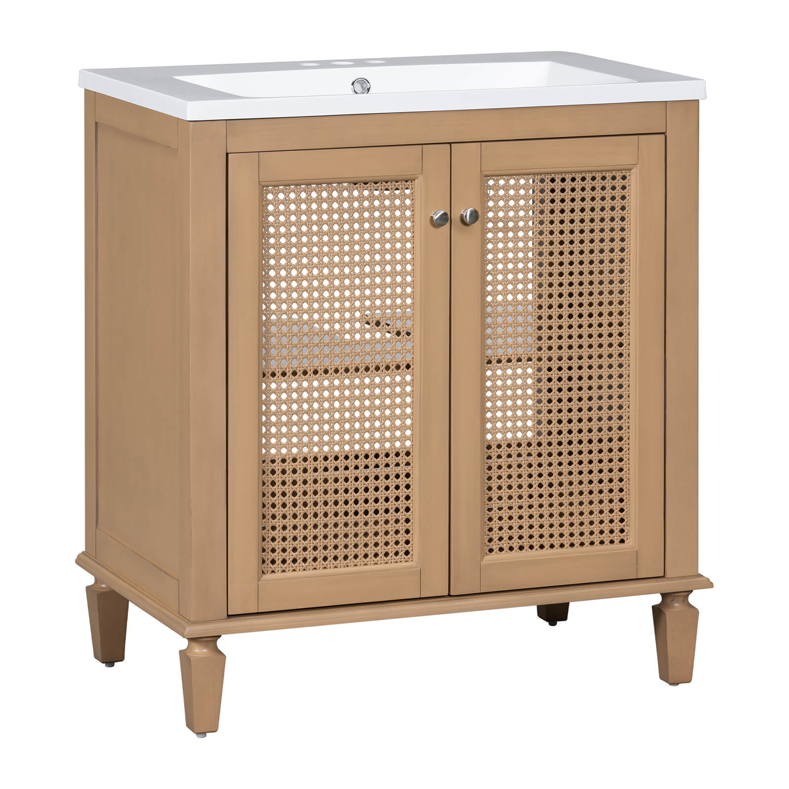 Durable resin sink for modern bathroom vanity with rattan door design