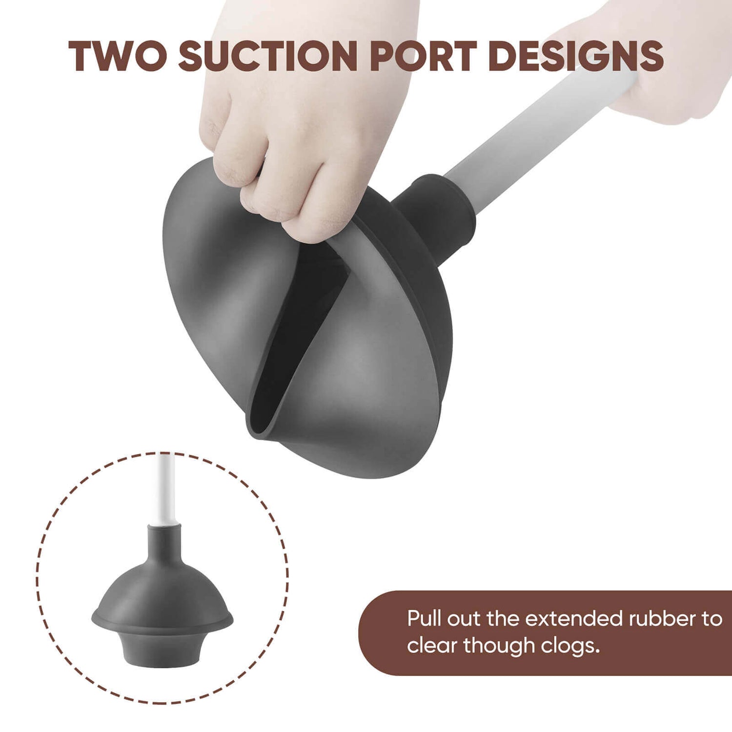 Durable toilet brush and powerful plunger with dual suction cups for clogs