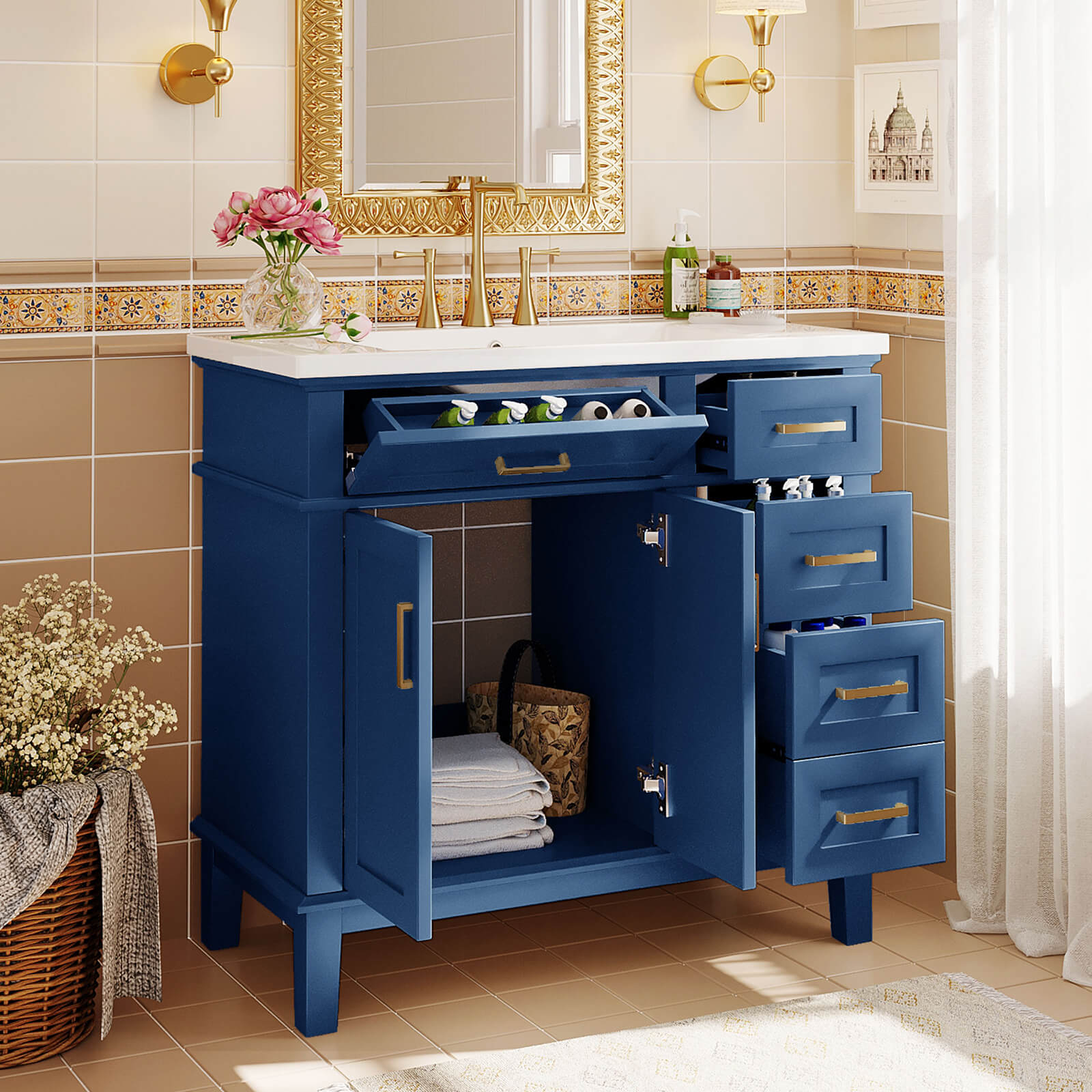 Durable resin sink on 36-inch navy blue vanity