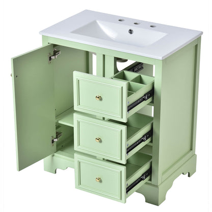 Elegant 30 inch green bathroom vanity with overflow ceramic sink