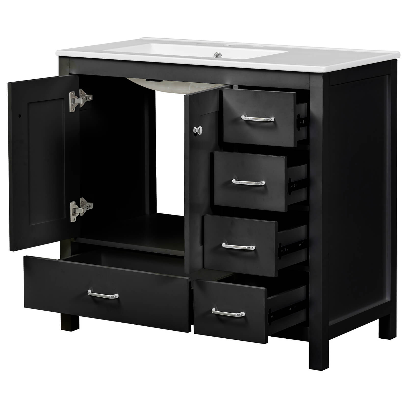 Elegant 36 inch black vanity with ceramic sink and right side storage