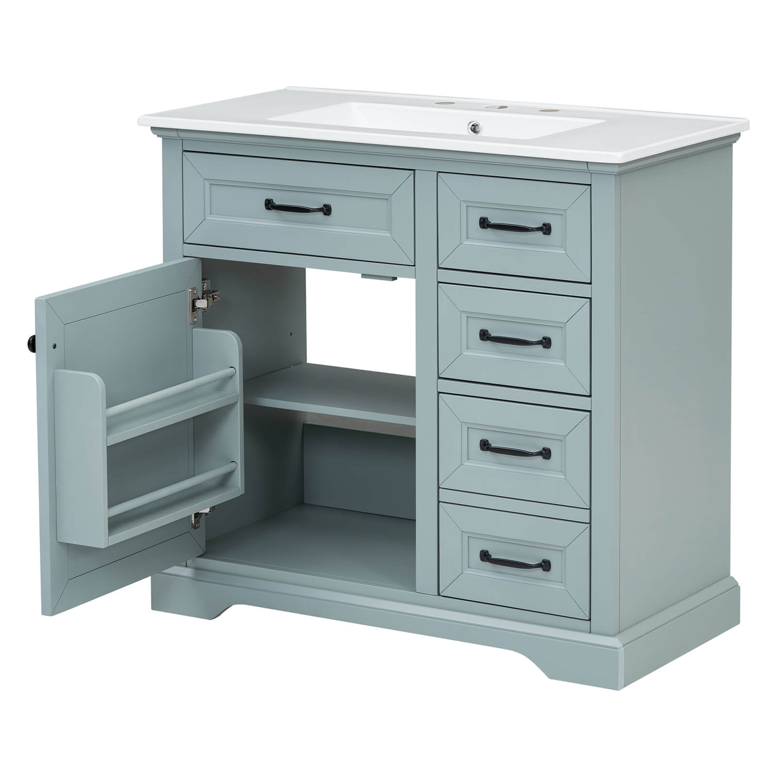 Elegant Gray Green Freestanding Bathroom Vanity with Ceramic Sink and Rubberwood Frame