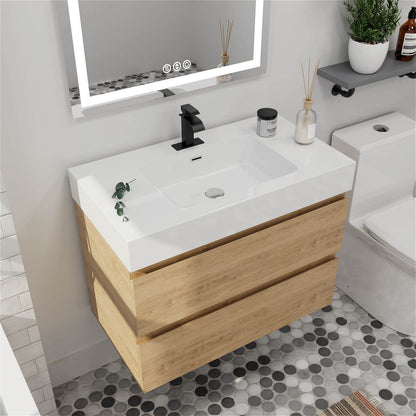 Elegant Oak Vanity with White Sink and Concealed Handles