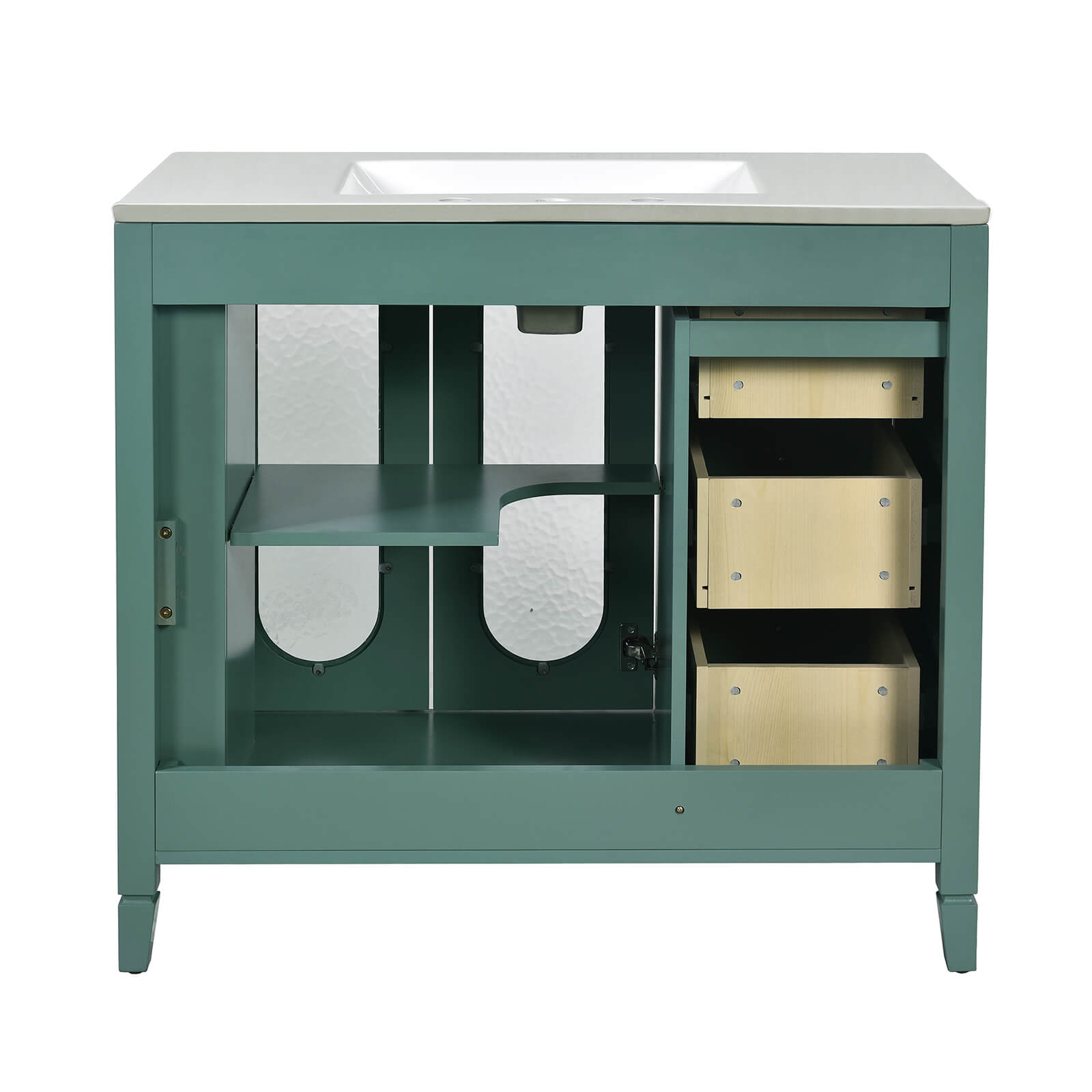 Elegant Water Wave Glass Vanity with Creative Handles and Green Cabinet