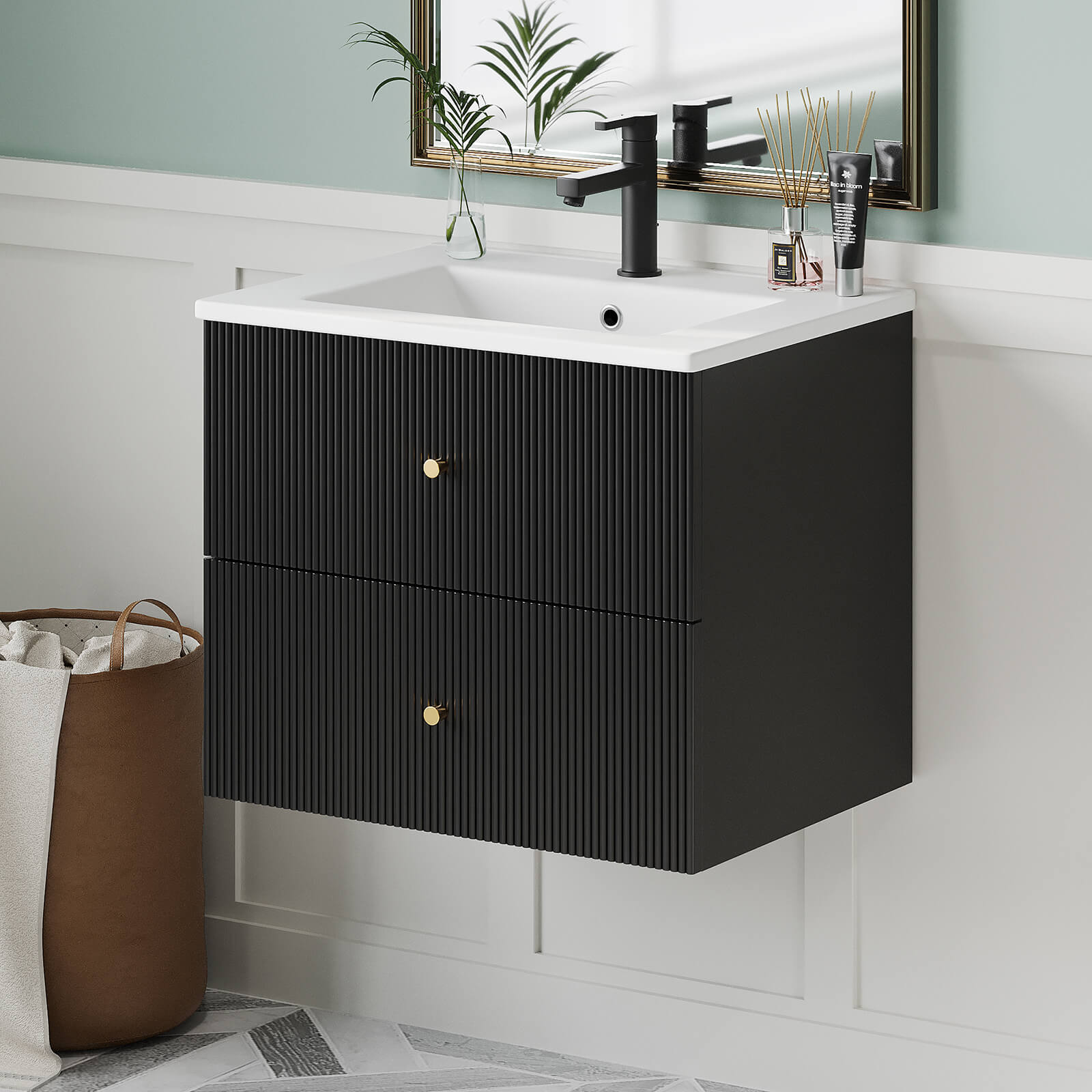 Elegant black 24 inch vanity with ceramic sink and gold accents