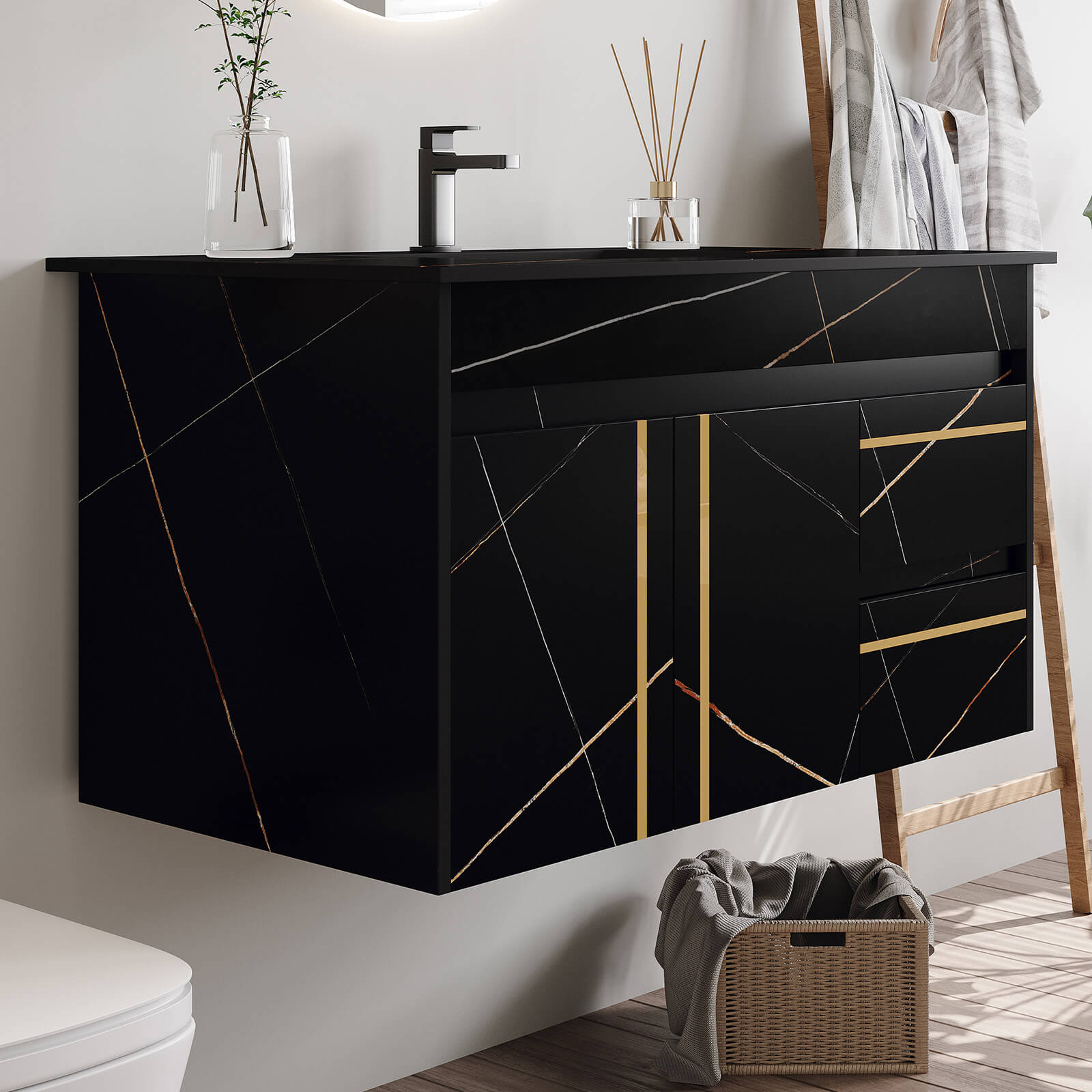 Elegant black floating vanity with golden accents and marble sink