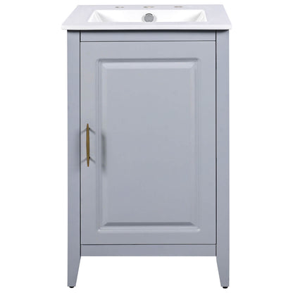 Elegant gray vanity with French country design and storage