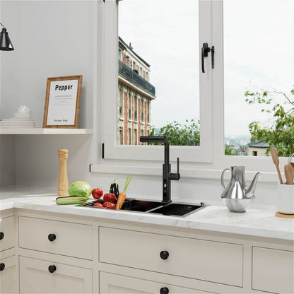 Elegant matte black kitchen faucet with waterfall_ stream_ and spray modes