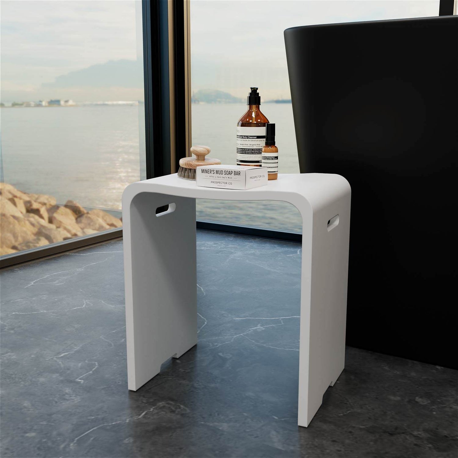 Elegant white compact bathroom stool_ perfect for small sized bathrooms