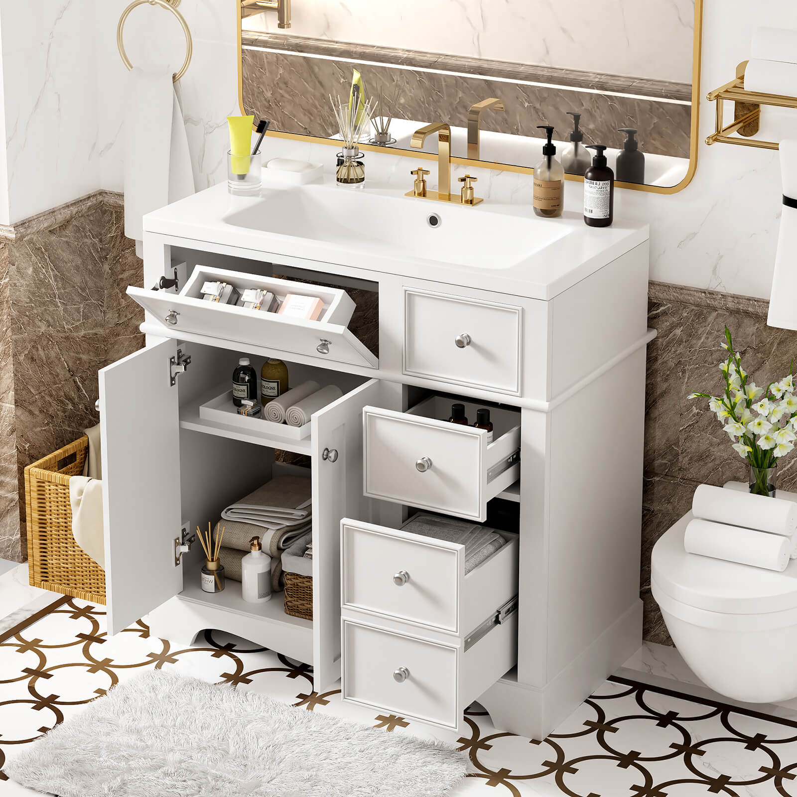 Elegant white freestanding vanity with flip up drawer and adjustable storage