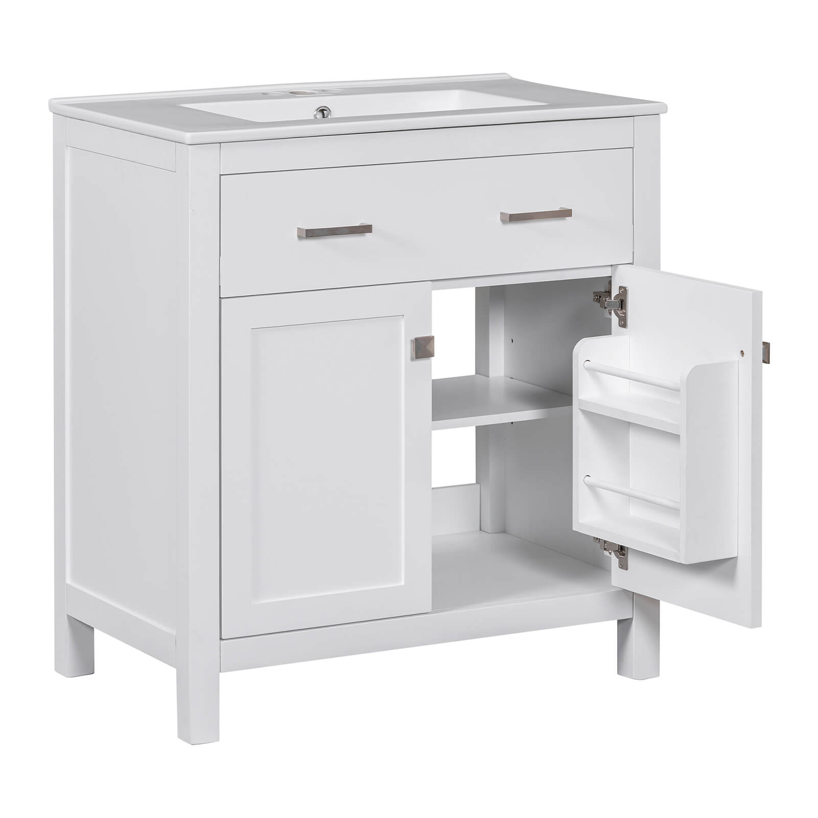 Elegant 30 inch white vanity with organized storage and easy-to-clean undermount sink