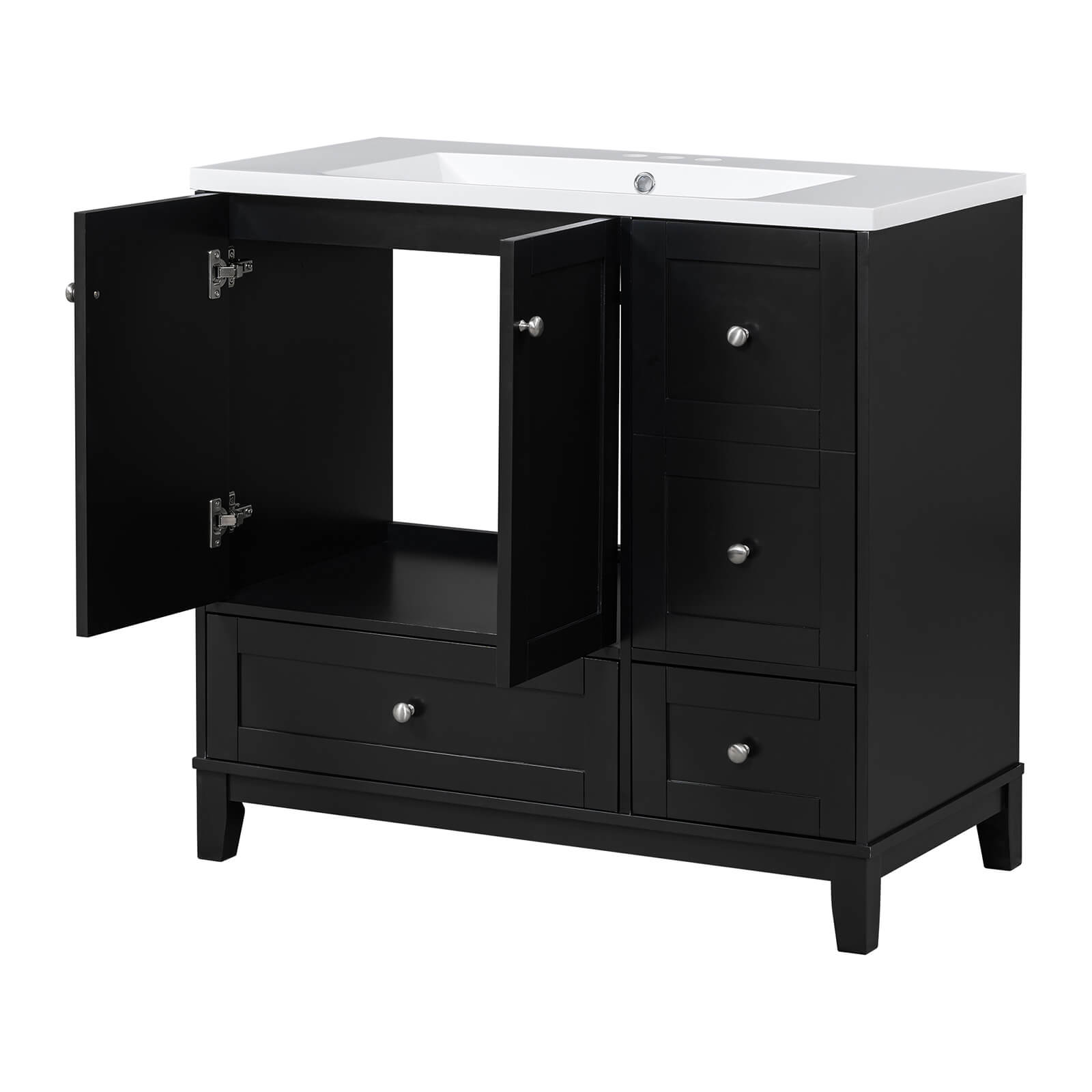 Elegant 36 inch black vanity with USB ports and user-friendly storage design