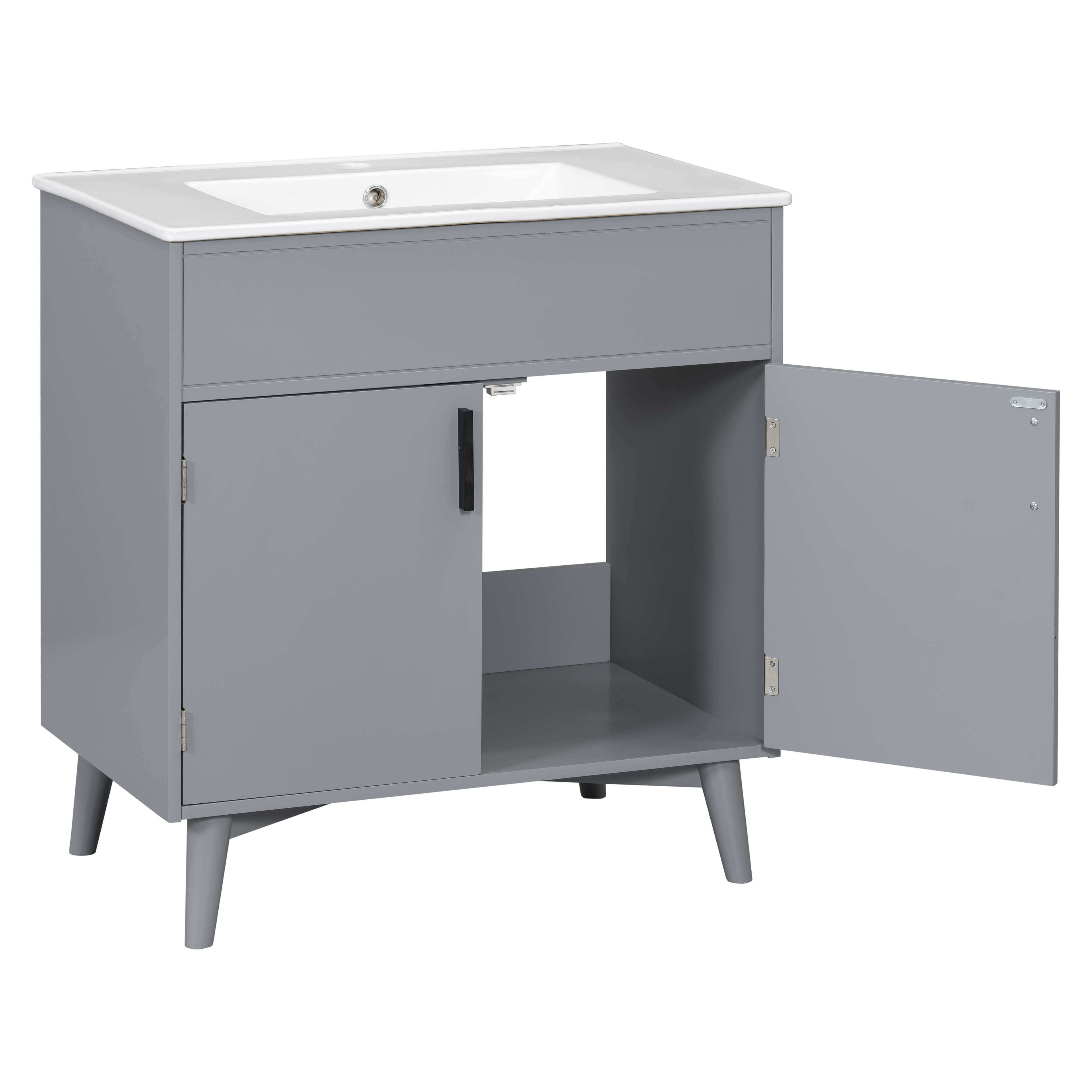 Elegant bathroom vanity with gray finish and solid wood cabinet