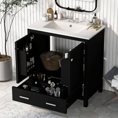 Elegant black bathroom vanity with multiple storage compartments