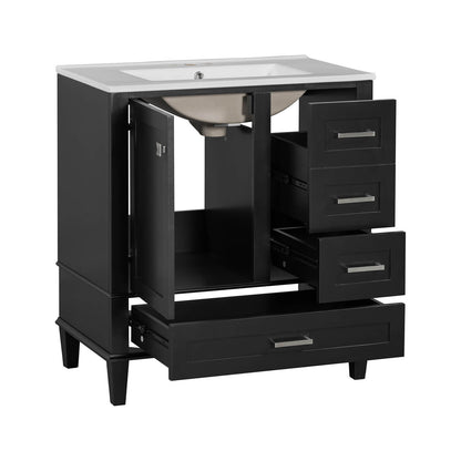 Elegant black bathroom vanity with white ceramic top and organized storage space