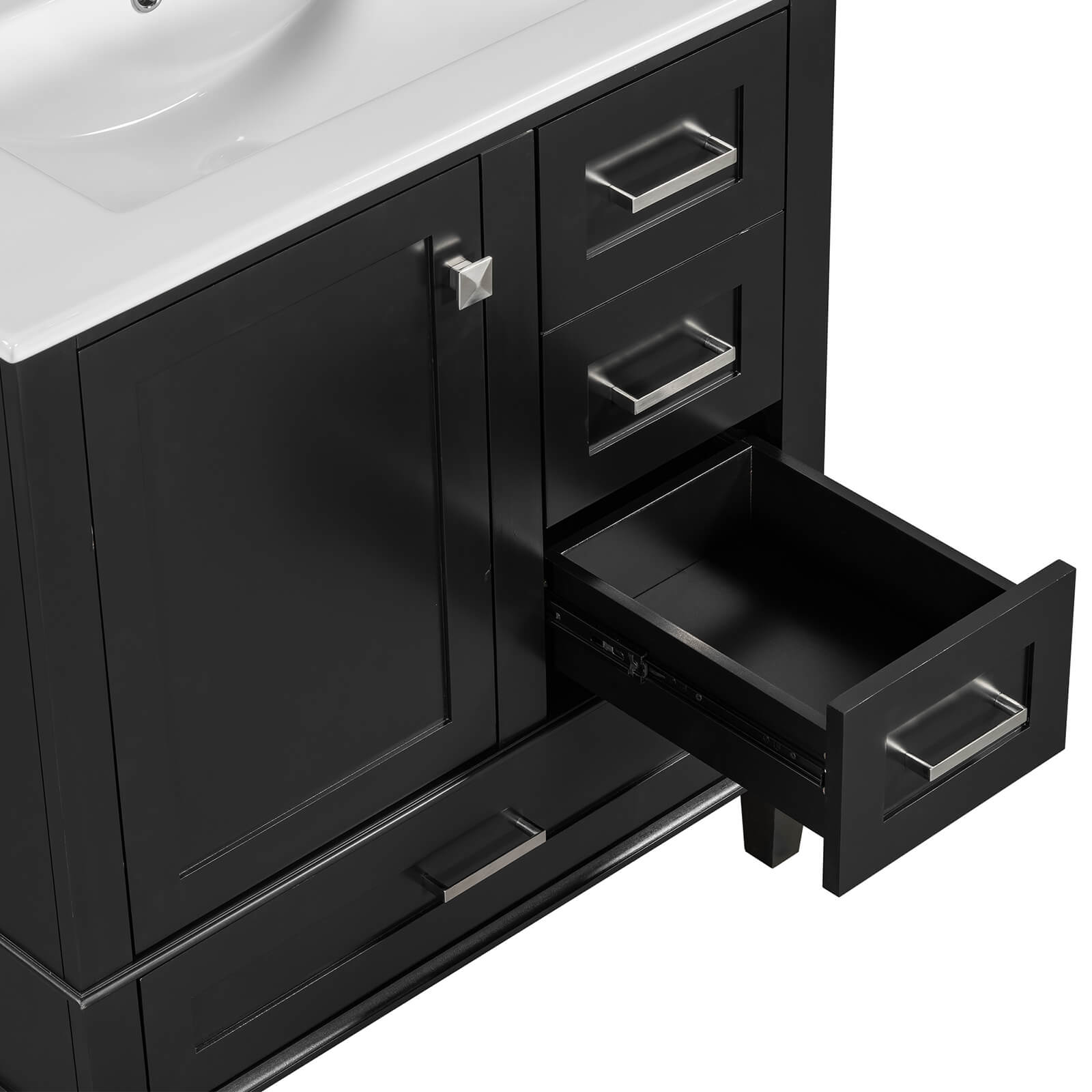 Elegant black solid wood vanity with white ceramic top and silver handles