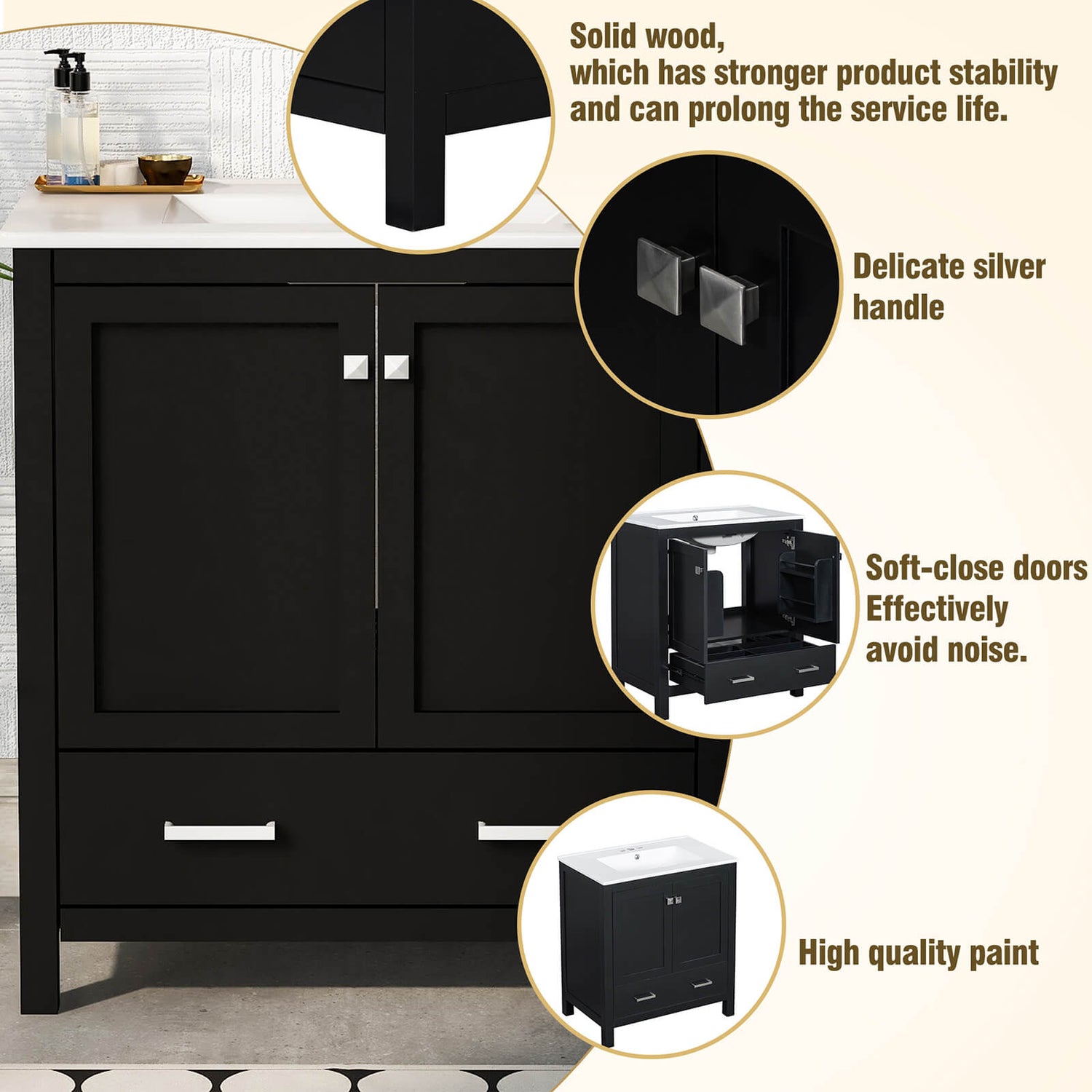 Elegant black vanity featuring a sleek black finish and practical storage