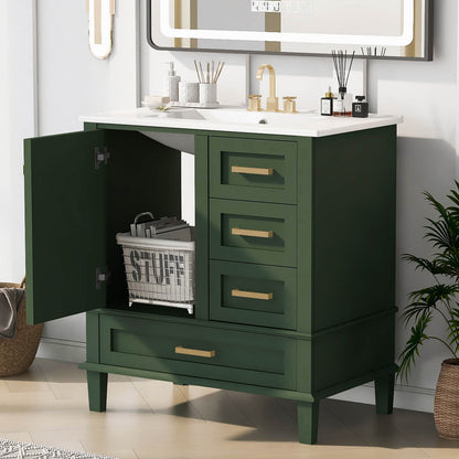 Elegant deep green wooden bathroom vanity with storage compartments