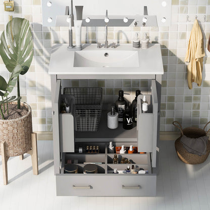 Elegant gray bathroom vanity with drawers and shelf