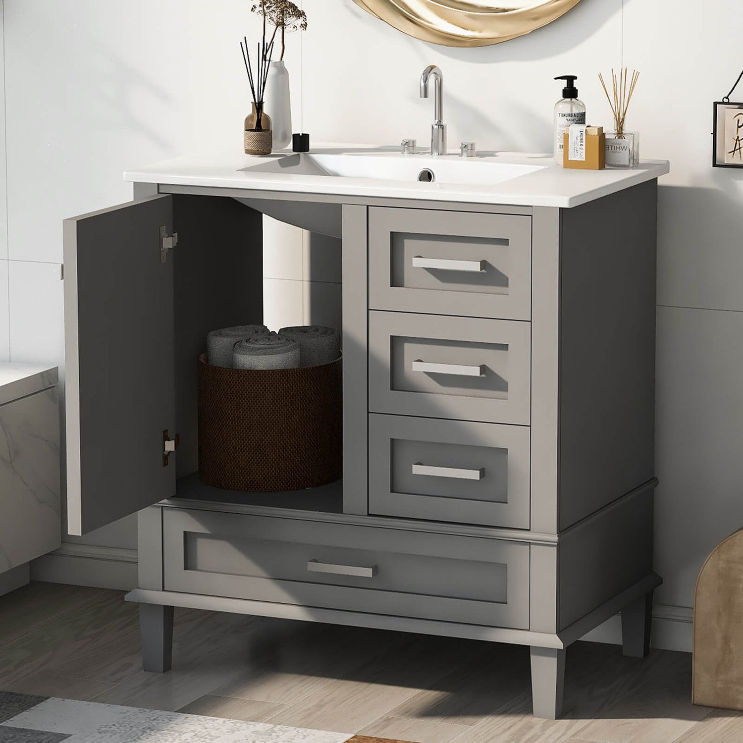 Elegant gray bathroom vanity with solid wood frame