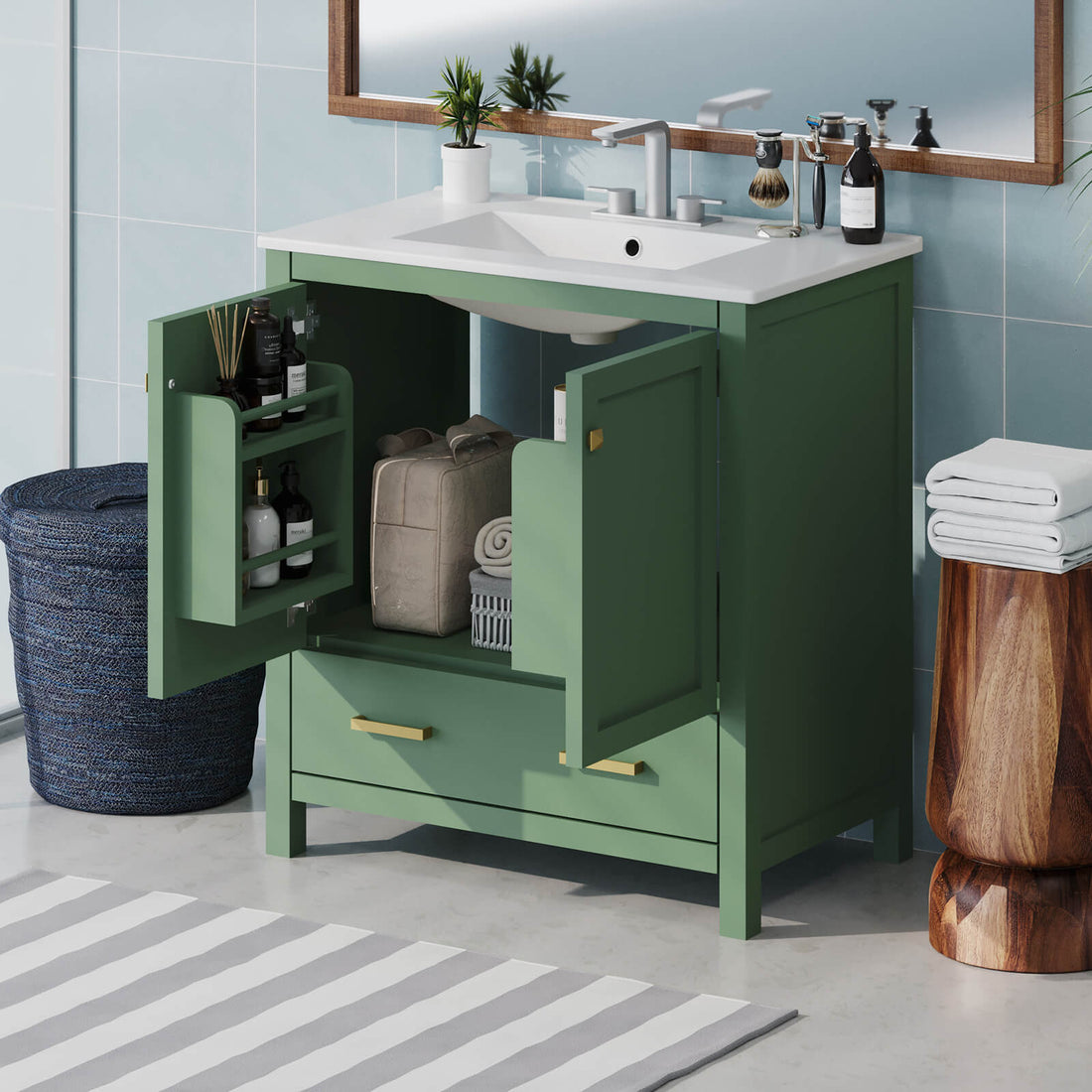 Elegant green bathroom vanity with soft-close cabinet doors