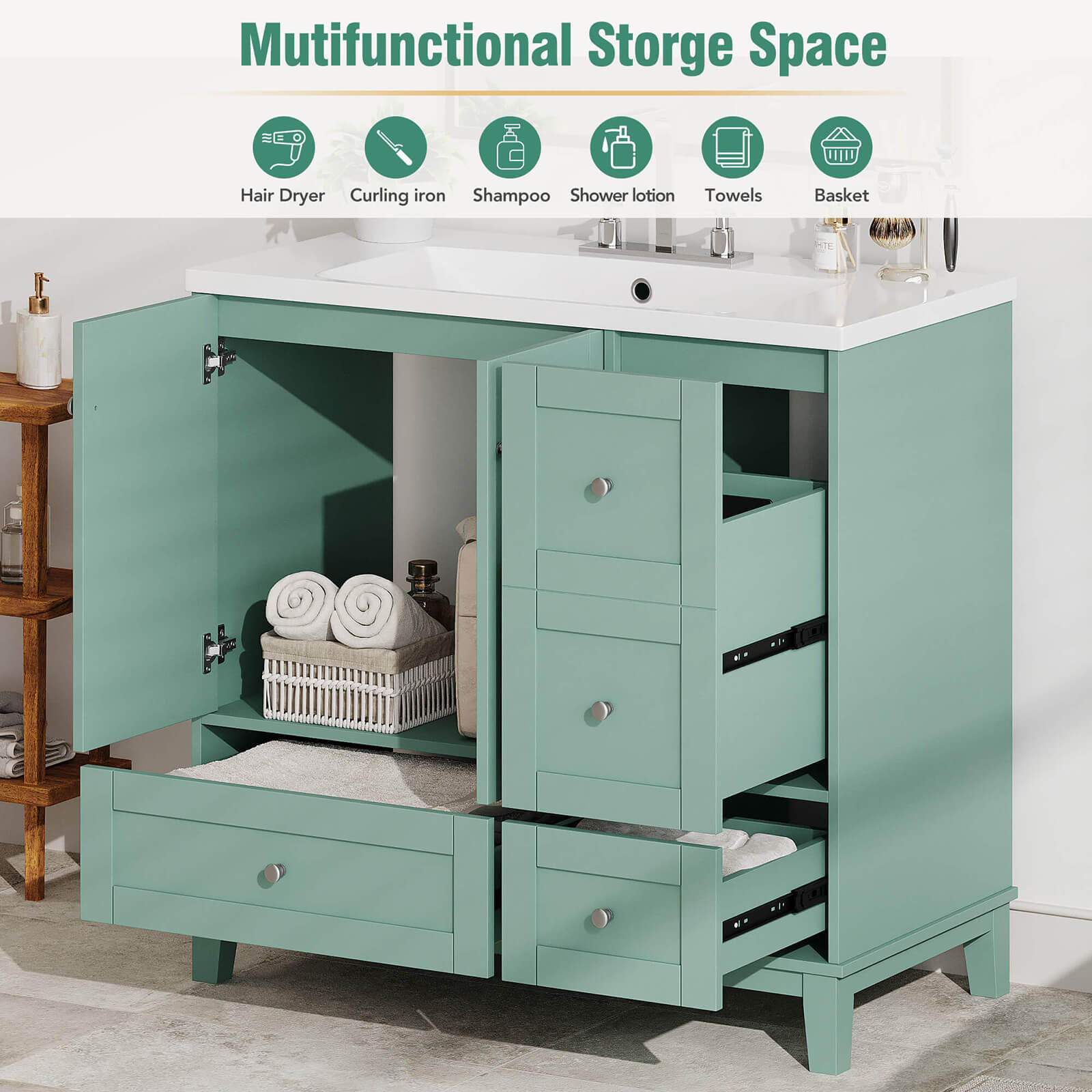 Elegant mint green vanity with smart design features